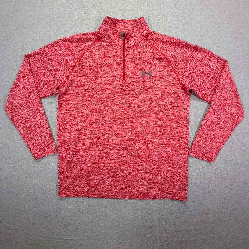 Under Armour Mens Pullover Loose Red Heathered Heatgear 1/4 Zip Medium